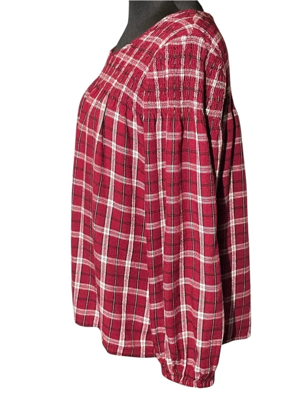 Jane and Delancey Women’s Burgundy Plaid Smocked Yoke Top Womens Size Large